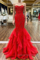 Strapless Red Mermaid Lace Semi Formal Prom Dresses, Red Mermaid Lace Formal Evening Dresses